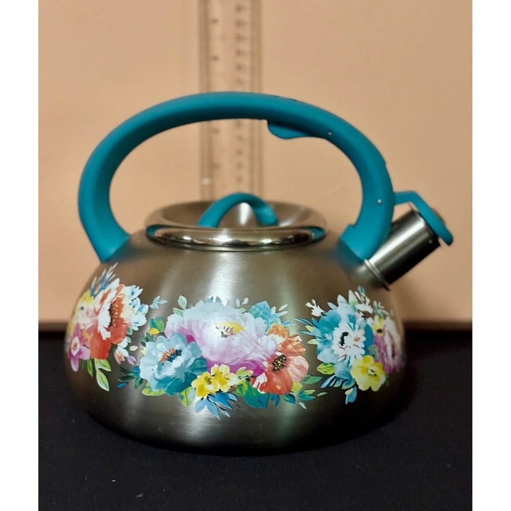 Pioneer Woman Sweet Romance Stainless Steel Whistling Tea Kettle Teal Handle